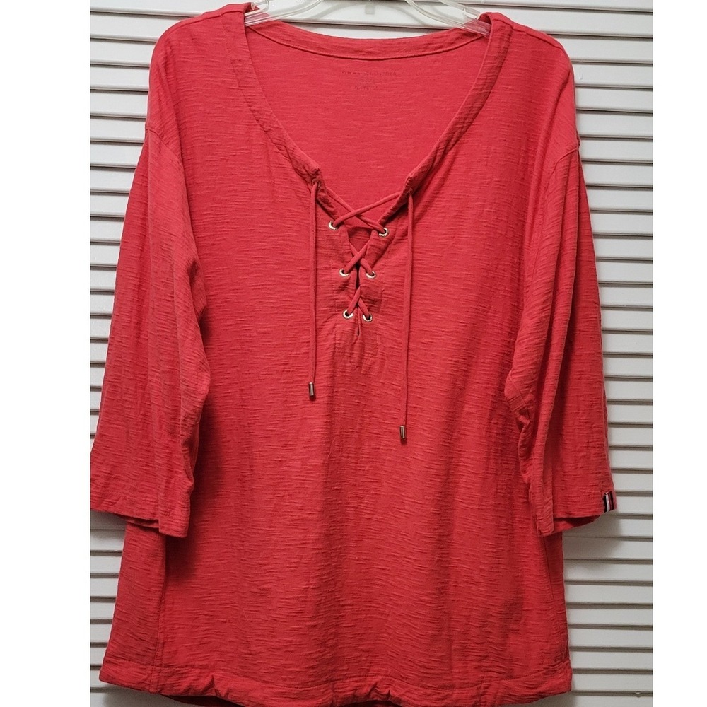 Nautical inspire Coral Red Tommy Hilfiger Womens XL  Knit Lace Up V-Neck
